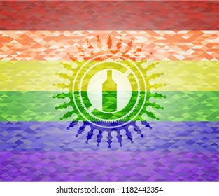 bottle icon inside emblem on mosaic background with the colors of the LGBT flag