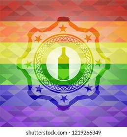 bottle icon inside emblem on mosaic background with the colors of the LGBT flag