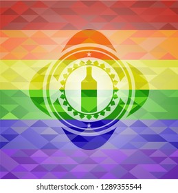 bottle icon inside emblem on mosaic background with the colors of the LGBT flag