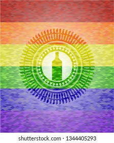 bottle icon inside emblem on mosaic background with the colors of the LGBT flag