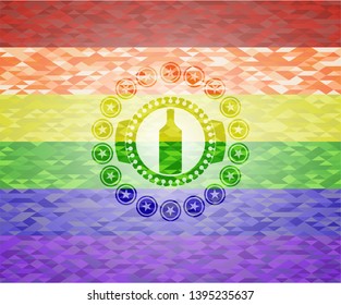 bottle icon inside emblem on mosaic background with the colors of the LGBT flag