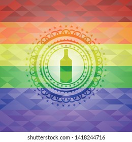 bottle icon inside emblem on mosaic background with the colors of the LGBT flag