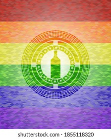 bottle icon inside emblem on mosaic background with the colors of the LGBT flag. 