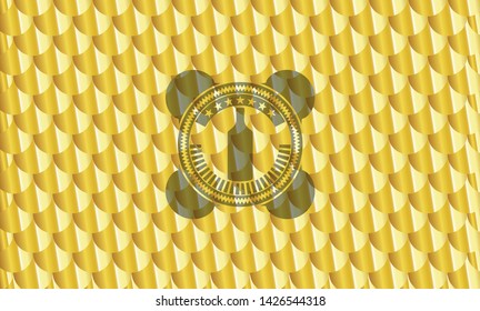 bottle icon inside gold shiny badge. Scales pattern. Vector Illustration. Detailed.