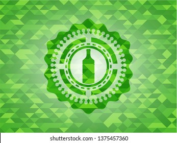 bottle icon inside green emblem with triangle mosaic background