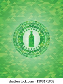 bottle icon inside green emblem with triangle mosaic background