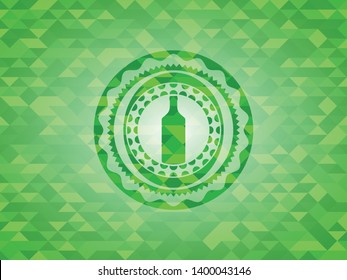 bottle icon inside green emblem with triangle mosaic background