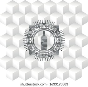 bottle icon inside grey badge with geometric cube white background