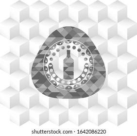 bottle icon inside grey badge with geometric cube white background