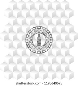 bottle icon inside grey emblem with cube white background