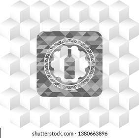 bottle icon inside grey emblem with cube white background