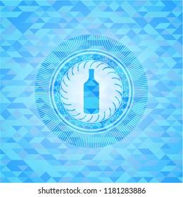 bottle icon inside light blue emblem. Mosaic background