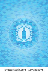 bottle icon inside light blue mosaic emblem