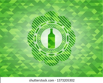bottle icon inside realistic green emblem. Mosaic background