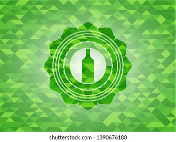 bottle icon inside realistic green emblem. Mosaic background