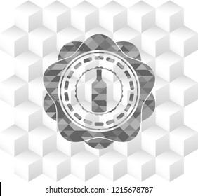 bottle icon inside realistic grey emblem with geometric cube white background