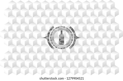 bottle icon inside realistic grey emblem with geometric cube white background