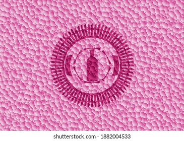 bottle icon inside realistic pink emblem with bubbles background. Vector Illustration. Detailed. 