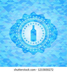 bottle icon inside realistic sky blue emblem. Mosaic background