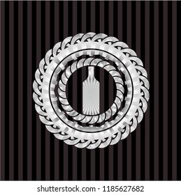bottle icon inside silvery emblem or badge