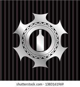 bottle icon inside silvery emblem or badge