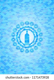 bottle icon inside sky blue emblem with triangle mosaic background