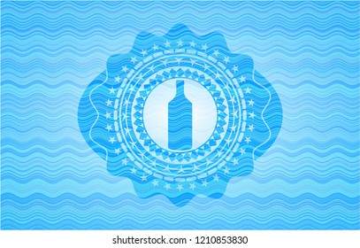 bottle icon inside sky blue water wave style badge.