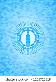 bottle icon inside sky blue emblem. Mosaic background
