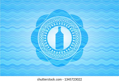 bottle icon inside sky blue water wave badge background.