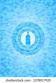 bottle icon inside sky blue emblem with triangle mosaic background