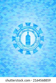 bottle icon inside sky blue emblem with mosaic ecological style background. 