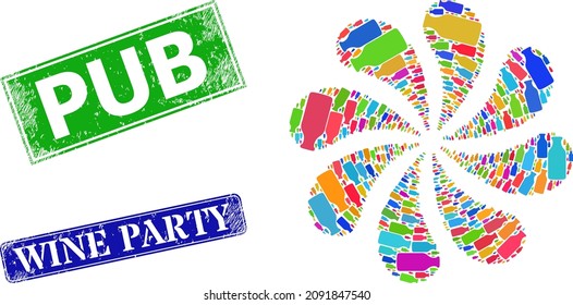 Bottle icon multi colored exploding twist flower salute shape, and grunge Pub seal. Blue Wine Party and green Pub rectangle grunge seal stamps.