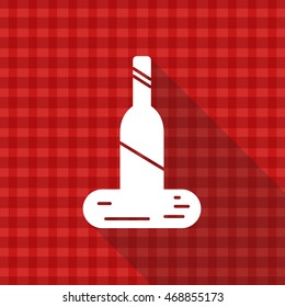 Bottle icon on red tablecloth texture with long shadow design 