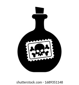 Bottle icon with poison sticker, skull with crossbones on a white background. Isolated object 