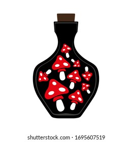 Bottle icon with red fly agaric on a white background. Isolated object. Magic elixir or poison 