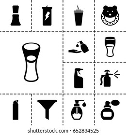 Bottle icon. set of 13 filled bottleicons such as baby toy, perfume, nail polish, cleanser, liquid soap, drink, milk glass, spray bottle, soap, filter