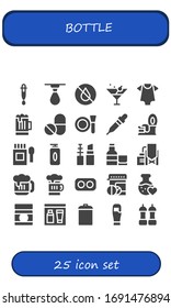bottle icon set. 25 filled bottle icons. Included Dropper, Drop, Water, Martini, Baby clothes, Beer, Pills, Make up, Pipette, Tin, Medicine, Gel, Whiskey, Reservoir, Drugs icons