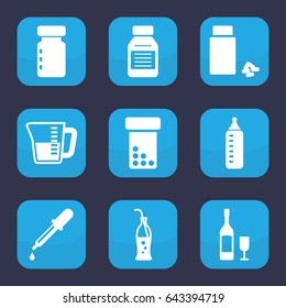 Bottle icon. set of 9 filled bottle icons such as pipette, medicine