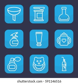 bottle icon. Set of 9 outline bottle icons such as baby toy, perfume, cream tube, filter