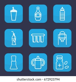 Bottle icon. set of 9 outline bottle icons such as tank, nail polish, drink, maple syrup