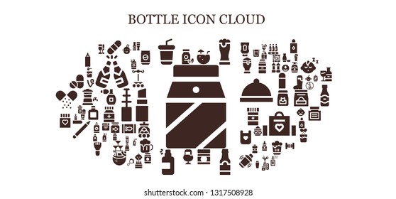 bottle icon set. 93 filled bottle icons.  Collection Of - Milk, Medicine, Pill, Soda, Coconut water, Beer, Baby food, Beer bottle, Spray, Drug, Pills, Baby, Sauces, Champagne