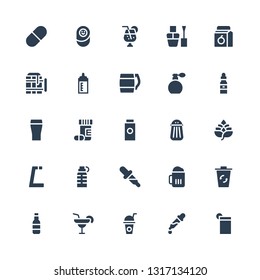 bottle icon set. Collection of 25 filled bottle icons included Drink, Pipette, Margarita, Beer, Recycling bin, Dropper, Bottle, Gym, Hop, Salt, Baby powder, Drugs, Perfume, Feeding