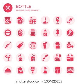 bottle icon set. Collection of 30 filled bottle icons included Oil, Beer, Wine, Bottle opener, Salt, Newborn, Water dispenser, Milk Dummy, Vaccine, Glue, Drink, Milk, Cocktail