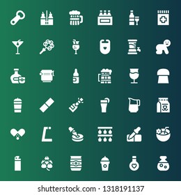bottle icon set. Collection of 36 filled bottle icons included Potion, Elixir, Drink, Beer can, Hop, Bottle, Coconut drink, Pipette, rack, Dropper, Gym, Pills, Milk, Jug