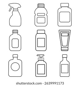 Bottle icon set in flat style featuring various types like water, cosmetic, perfume, and medicine bottles. Perfect for UI, apps, infographics, and packaging design. Fully editable vector icons.