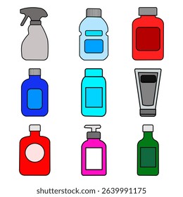 Bottle icon set in flat style featuring various types like water, cosmetic, perfume, and medicine bottles. Perfect for UI, apps, infographics, and packaging design. Fully editable vector icons.