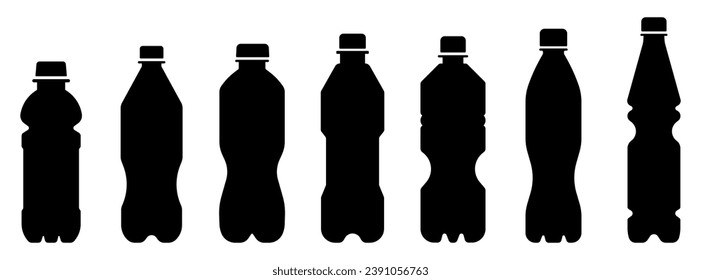 Bottle icon. Set of silhouettes of various plastic bottles isolated on a white background. Various shapes and sizes for liquid packaging