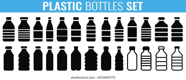 Flaschensymbol. Satz von Silhouetten von verschiedenen Plastikflaschen isoliert. Schwarze Silhouette eines Gefäßes für verschiedene Arten von Getränken.	
