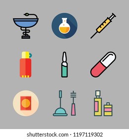 bottle icon set. vector set about products, thermos, pills and flask icons set.