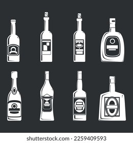 Bottle icon set, vector symbol in outline flat style isolated on black background.	